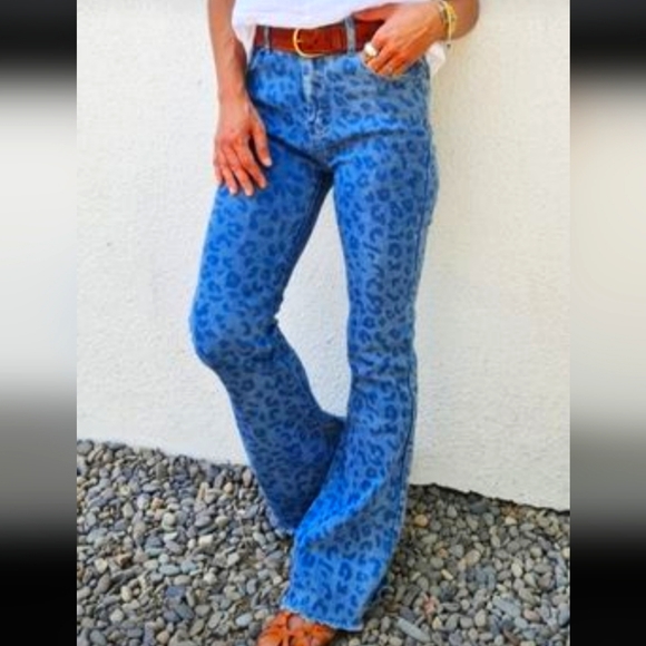 Denim - Cheetah Print- Flare Raw Hem Bell Bottom Jeans size 10